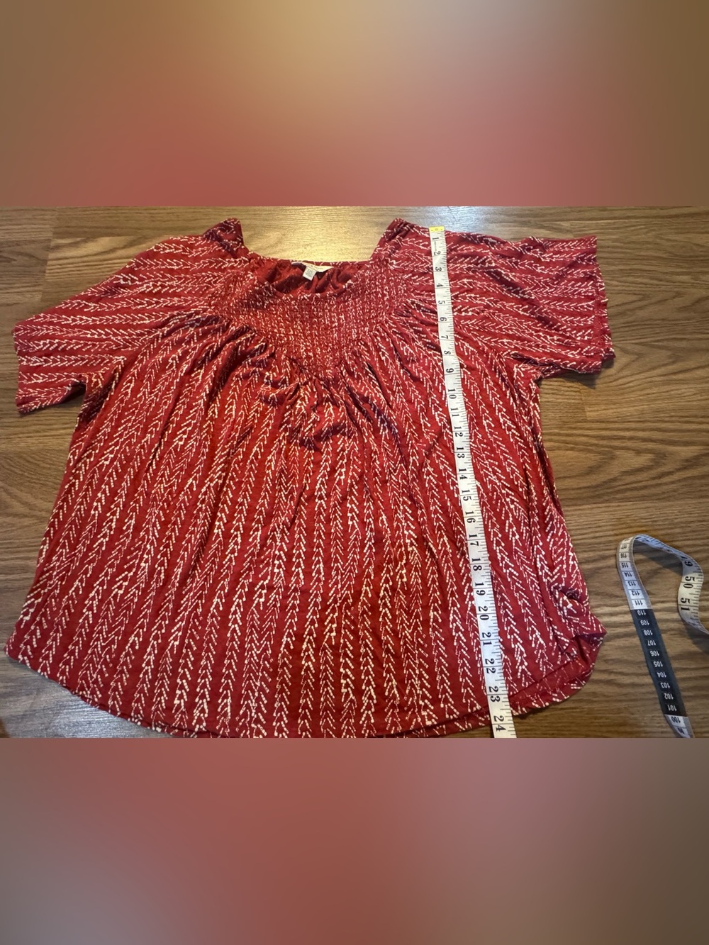 Lucky Brand Red Patterned Smocked Short-Sleeve Blouse - Picture 2 of 5
